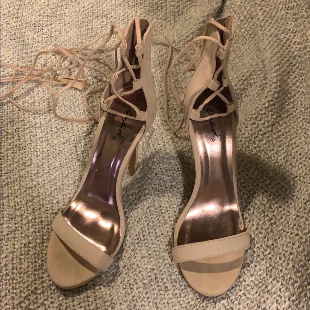 Nude lace up wrap around stiletto heels